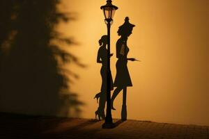 ai généré silhouette de deux femmes sur une rue lampe dans le soir, une des couples ombres fusion dans un en dessous de une romantique éclairage public, ai généré photo