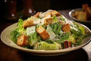 ai généré César salade avec Parmesan fromage et Croûtons sur en bois tableau, une croustillant César salade avec Parmesan et Croûtons, ai généré photo