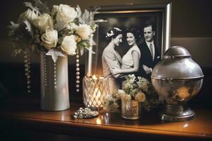 ai généré portrait de une content Sénior couple embrassement à une anniversaire faire la fête, une des couples argent mariage anniversaire avec thème vintage décorations, ai généré photo