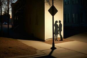 ai généré silhouette de une aimant couple permanent dans de face de une rue lumière, une des couples ombres fusion dans un en dessous de une romantique éclairage public, ai généré photo