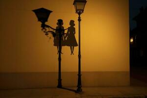 ai généré silhouette de couple sur le rue lampe dans le soir, une des couples ombres fusion dans un en dessous de une romantique éclairage public, ai généré photo