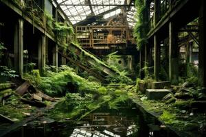 ai généré abandonné industriel plante avec vert les plantes et reflets dans le eau, une déserté abandonné usine dépassé par nature, ai généré photo