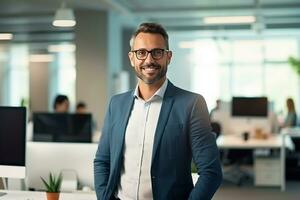 ai généré portrait de Sénior homme d'affaire dans le Bureau photo