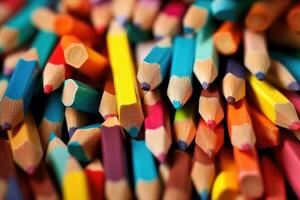 ai généré coloré des crayons comme une Contexte. fermer image, coloré taille crayon des crayons, macro coup de beaucoup coloré des crayons, ai généré photo