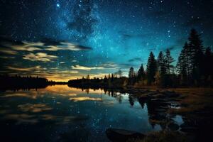 ai généré magnifique nuit paysage avec laiteux chemin, Lac et forêt, une rêveur, étoilé ciel au dessus une tranquille lac, ai généré photo