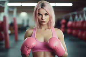 ai généré portrait de magnifique Jeune femme avec rose boxe gants dans le salle de sport, attrayant femme dans rose boxe gants et rose vêtements à entraînement, ai généré photo