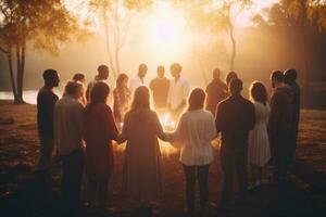 ai généré silhouette de une groupe de gens sur le Contexte de le réglage soleil, une groupe de croyants engagé dans une cercle de prière avec doux, serein bokeh, ai généré photo