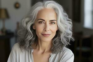 ai généré Sénior femme portrait gris aux cheveux à la recherche à le caméra photo