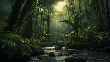 ai généré paysage de tropical vert forêt avec des arbres et foncé des nuages photo