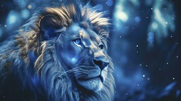 ai généré proche en haut Capturer de une Lion Roi dans foncé romantique style, avec bleu iridescent tons, briller, et bokeh effets. photo