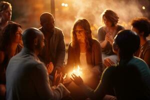 ai généré groupe de Jeune gens séance autour une feu à une nuit faire la fête, une groupe de croyants engagé dans une cercle de prière avec doux, serein bokeh, ai généré photo
