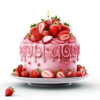 ai généré rose anniversaire gâteau sur blanc arrière-plan, fraise autour le gâteau, photo