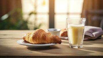 ai généré petit déjeuner croissant avec une verre Lait ai génératif photo