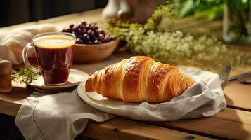 ai généré petit déjeuner croissant avec une tasse café ai génératif photo