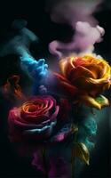 ai généré Trois des roses avec fumée et couleurs photo