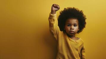 ai généré noir bébé, enfant avec poing soulevé, noir histoire mois concept, africain américain garçon, copie espace, Vide espace pour texte, inclusivité et diversité, manifestation. photo