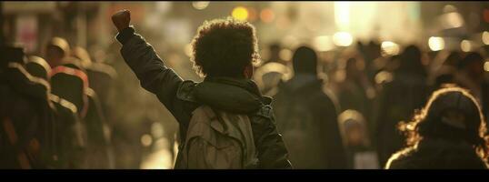 ai généré noir histoire mois concept, une Jeune enfant avec le sien poing élevé dans le air, dans Nouveau york ville. photo