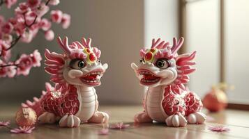 ai généré deux adorable chinois dragon bébés, célébrer le chinois Nouveau année festival, avec rose Balance et content expressions, 3d conception. photo