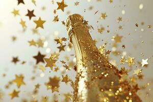 ai généré Champagne bouteille avec confettis étoiles et fête banderoles sur une de fête Contexte. Noël, anniversaire ou mariage concept. photo