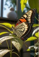 ai généré une papillon est séance sur une plante avec feuilles photo