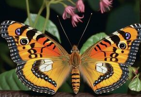 ai généré une papillon est séance sur une plante avec feuilles photo