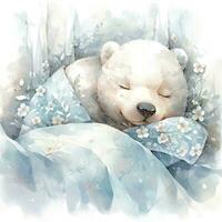 ai généré une somnolent bébé blanc ours dans literie. aquarelle illustrations. ai généré photo