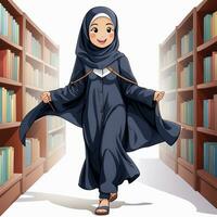 ai généré illustration de une petit indonésien étudiant portant une plein corps hijab, enthousiaste à propos apprentissage photo