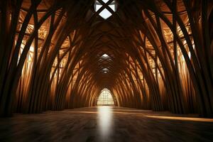 ai généré intemporel en bois intérieur cathédrale. produire ai photo