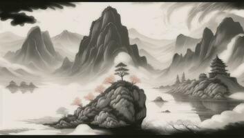 ai généré chinois paysage Montagne la nature La peinture encre photo