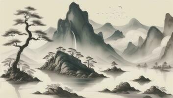 ai généré chinois paysage Montagne la nature La peinture encre photo