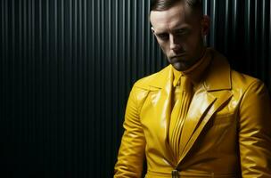 ai généré audacieux homme portant Jaune latex. produire ai photo