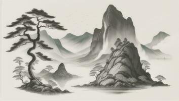 ai généré chinois paysage Montagne la nature La peinture encre photo