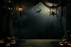 ai généré mystérieux Halloween effrayant nuit forêt lune. produire ai photo
