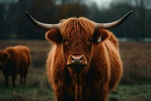 ai généré montagnes poilu bétail vache. produire ai photo