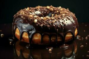 ai généré lourd grand Chocolat Donut. produire ai photo