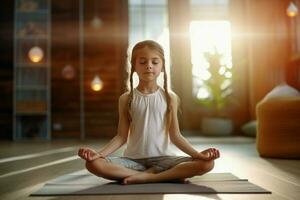 ai généré paisible peu fille yoga pose sur sol tapis. produire ai photo