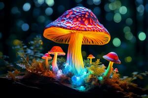 ai généré mystique la magie fluorescent champignon forêt. produire ai photo