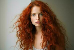 ai généré énergique longue frisé rouge cheveux fille. produire ai photo