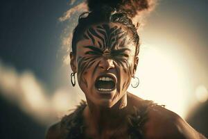 ai généré maori en hurlant femme avec en colère affronter. produire ai photo