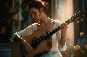 Dame dans blanc robe en jouant sur acoustique guitare instrument. produire ai photo