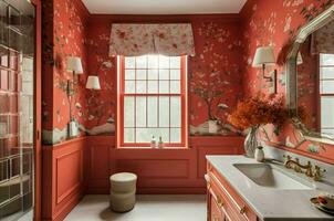 ai généré rouge intérieur salle de bains. produire ai photo