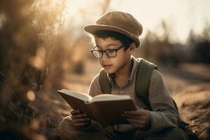 ai généré Jeune enfant avec des lunettes en train de lire livre de contes Extérieur. produire ai photo