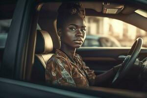 ai généré africain femelle entrepreneur conduite une auto. produire ai photo