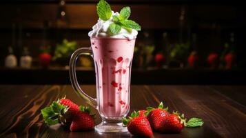 ai généré fraise smoothie ou Milk-shake avec des fraises et menthe dans une verre photo