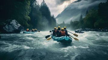 ai généré groupe de les voyageurs kayak vers le bas une orageux rivière photo