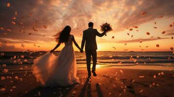 ai généré content couple célébrer mariage la cérémonie sur le plage, luxueux le coucher du soleil photo