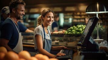 ai généré la caissière dans une supermarché portion une client à le check-out compteur photo