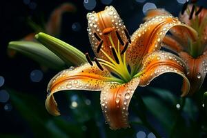 ai généré translucide lis fleur l'eau gouttes. produire ai photo