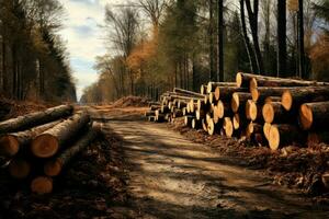 ai généré durable longue forêt coupeur des arbres. produire ai photo