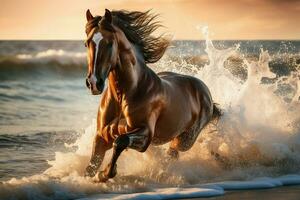 ai généré sablonneux cheval galopant bord de mer. produire ai photo